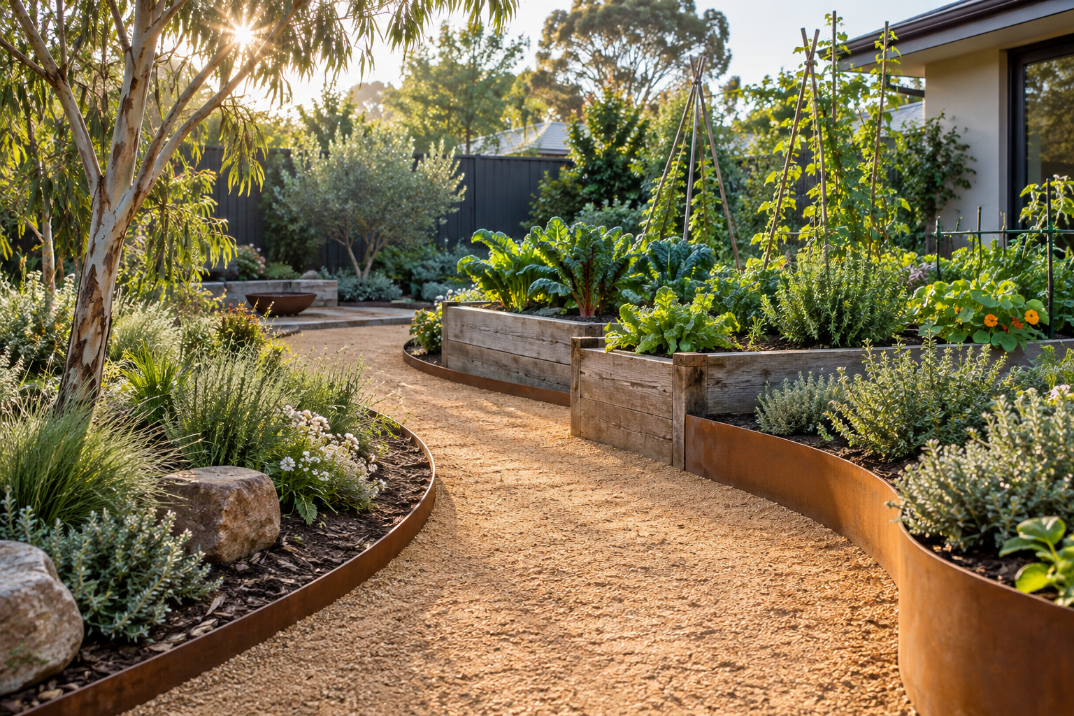 Natural garden path beside planted beds