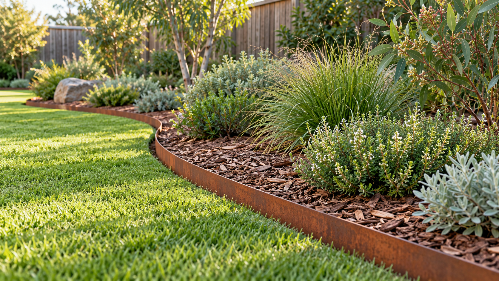 Garden bed with mulch and a steel border